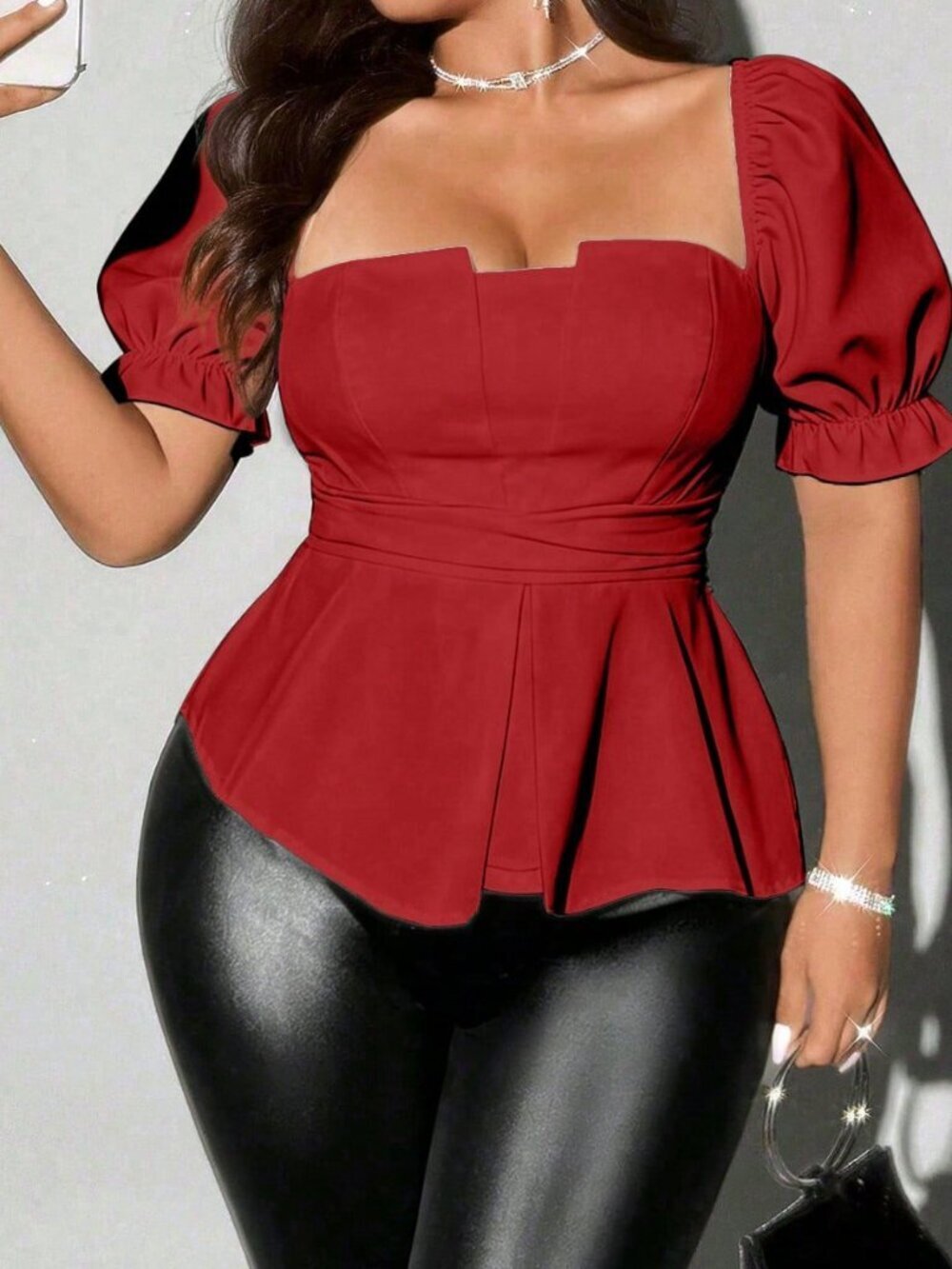 Red Casual Women's Plus Size Elegant Belted Puff Sleeve Short Sleeve Blouse